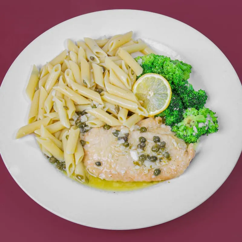 Chicken Piccata with capers and lemon, penne and broccoli