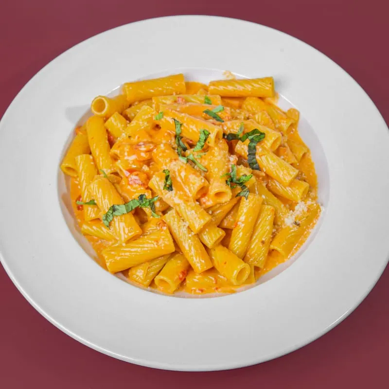 Rigatoni in creamy pink vodka sauce with basil
